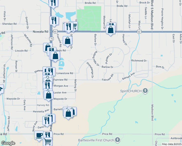 map of restaurants, bars, coffee shops, grocery stores, and more near 2001 Stonehenge Drive in Bartlesville