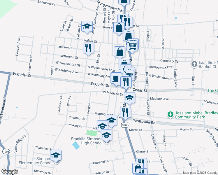 map of restaurants, bars, coffee shops, grocery stores, and more near 202 West Madison Street in Franklin