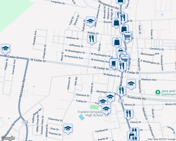 map of restaurants, bars, coffee shops, grocery stores, and more near 599 West Madison Street in Franklin