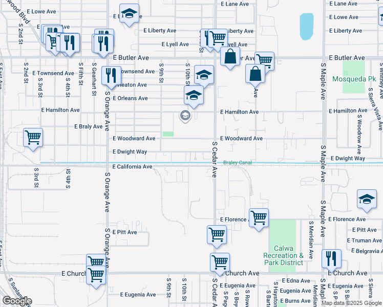 map of restaurants, bars, coffee shops, grocery stores, and more near 4054 East Dwight Way in Fresno