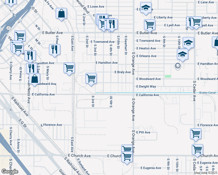 map of restaurants, bars, coffee shops, grocery stores, and more near 2061 South Hazelwood Boulevard in Fresno