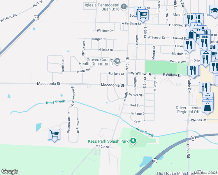 map of restaurants, bars, coffee shops, grocery stores, and more near 1430-1498 Meadowlark Dr in Mayfield