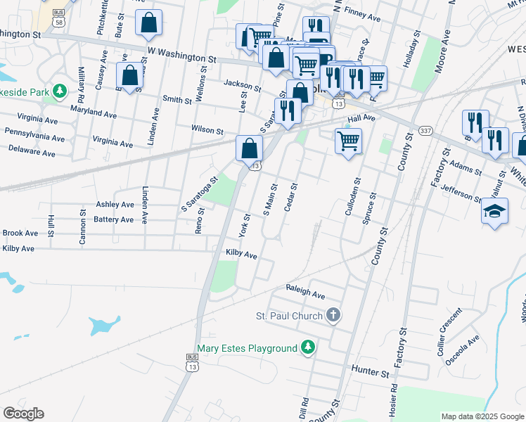 map of restaurants, bars, coffee shops, grocery stores, and more near 325 South Main Street in Suffolk