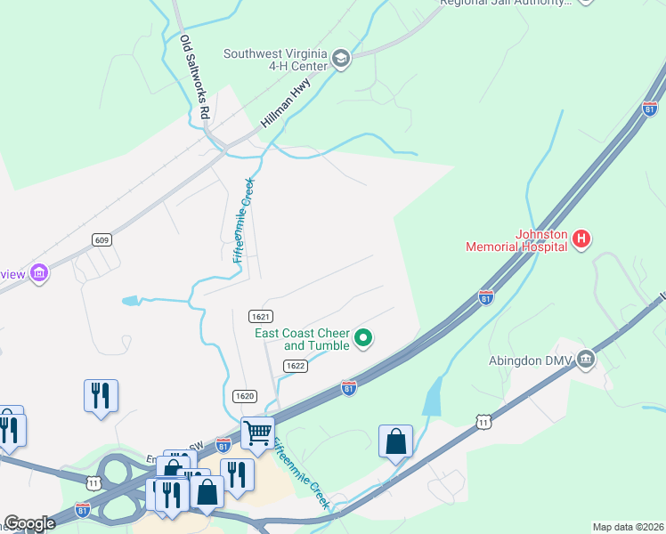 map of restaurants, bars, coffee shops, grocery stores, and more near 1151 Panorama Drive Southwest in Abingdon