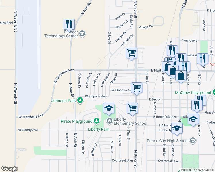map of restaurants, bars, coffee shops, grocery stores, and more near 1704 Riggs Drive in Ponca City