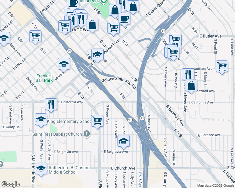 map of restaurants, bars, coffee shops, grocery stores, and more near 312 E Street in Fresno