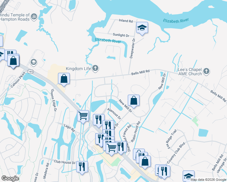 map of restaurants, bars, coffee shops, grocery stores, and more near 109 Beau Landing in Chesapeake
