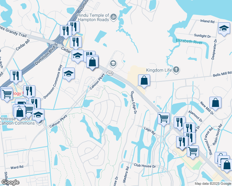 map of restaurants, bars, coffee shops, grocery stores, and more near 1524 Hawick Terrace in Chesapeake