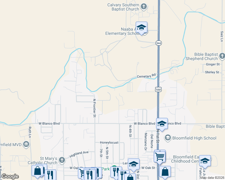 map of restaurants, bars, coffee shops, grocery stores, and more near 500 Cemetary Road in Bloomfield