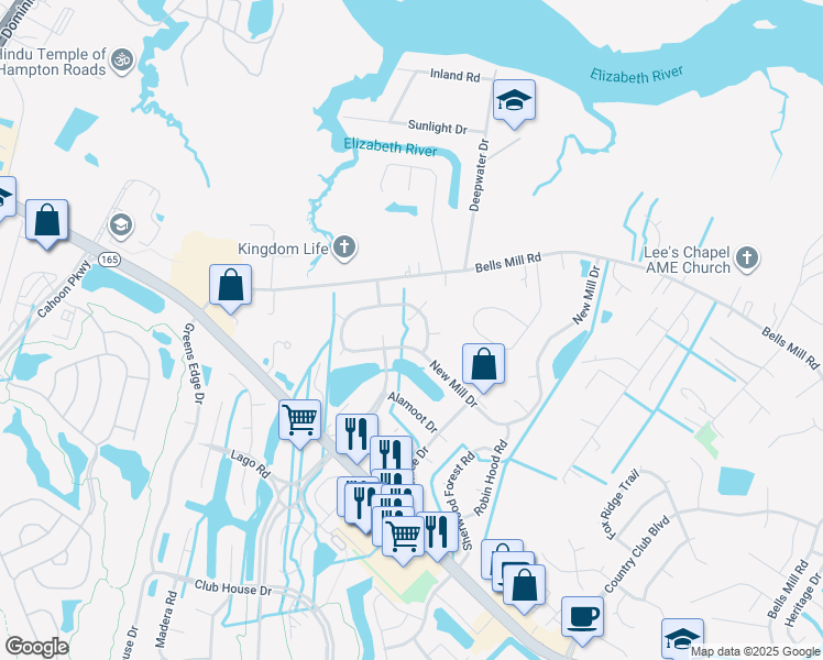 map of restaurants, bars, coffee shops, grocery stores, and more near 109 Beau Landing in Chesapeake