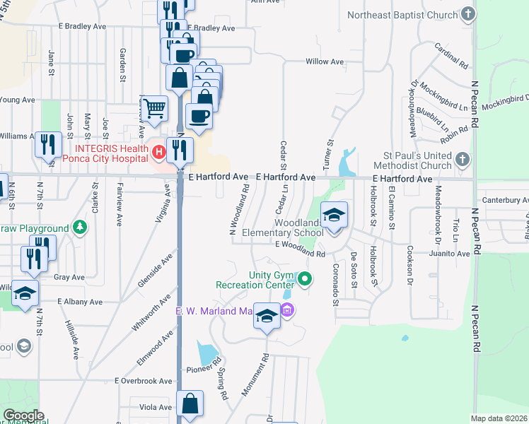 map of restaurants, bars, coffee shops, grocery stores, and more near 1709 Monument Road in Ponca City