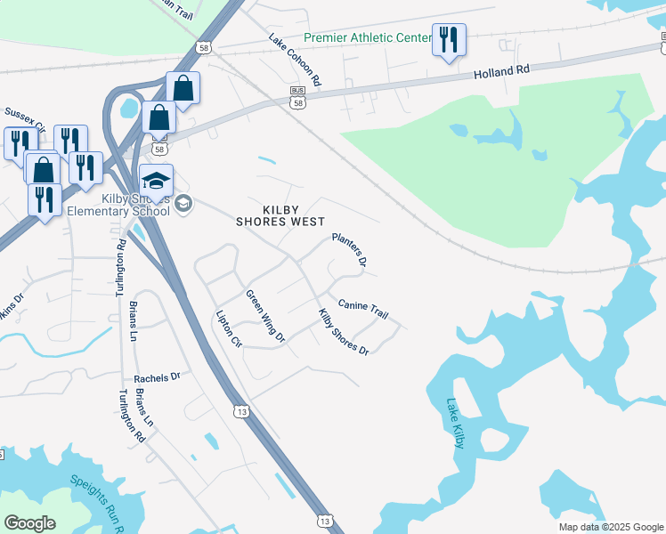 map of restaurants, bars, coffee shops, grocery stores, and more near 404 Locust Court in Suffolk
