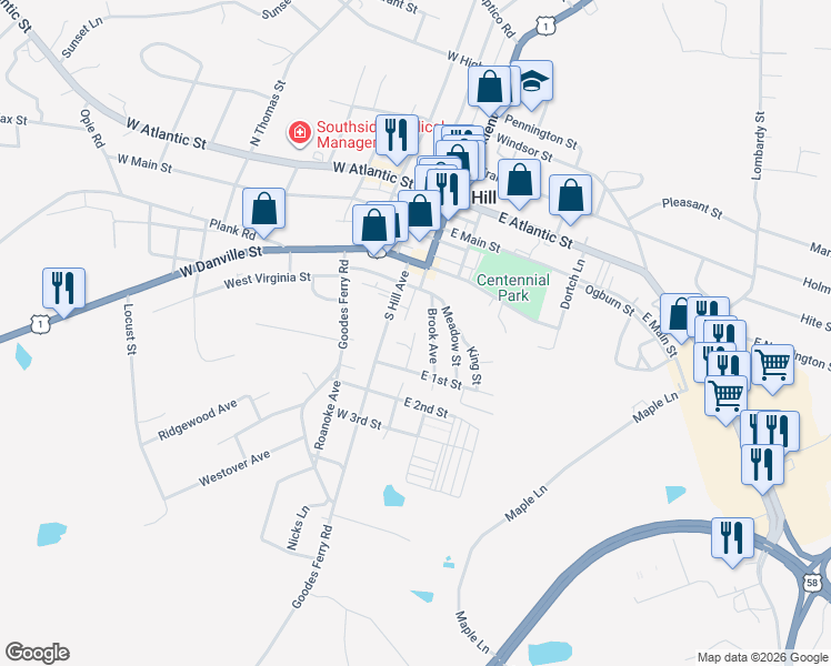 map of restaurants, bars, coffee shops, grocery stores, and more near 401 Robertson Street in South Hill