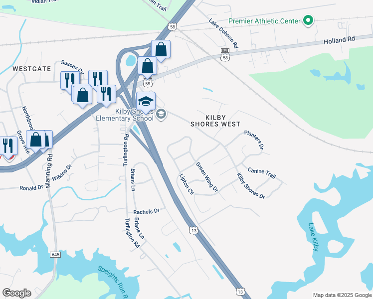 map of restaurants, bars, coffee shops, grocery stores, and more near 1401 Goose Creek Lane in Suffolk