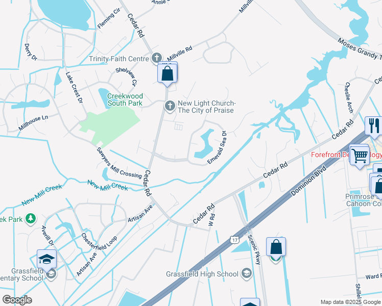 map of restaurants, bars, coffee shops, grocery stores, and more near 2005 Sunset Maple Ln in Chesapeake