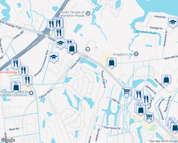 map of restaurants, bars, coffee shops, grocery stores, and more near 1530 Hawick Terrace in Chesapeake