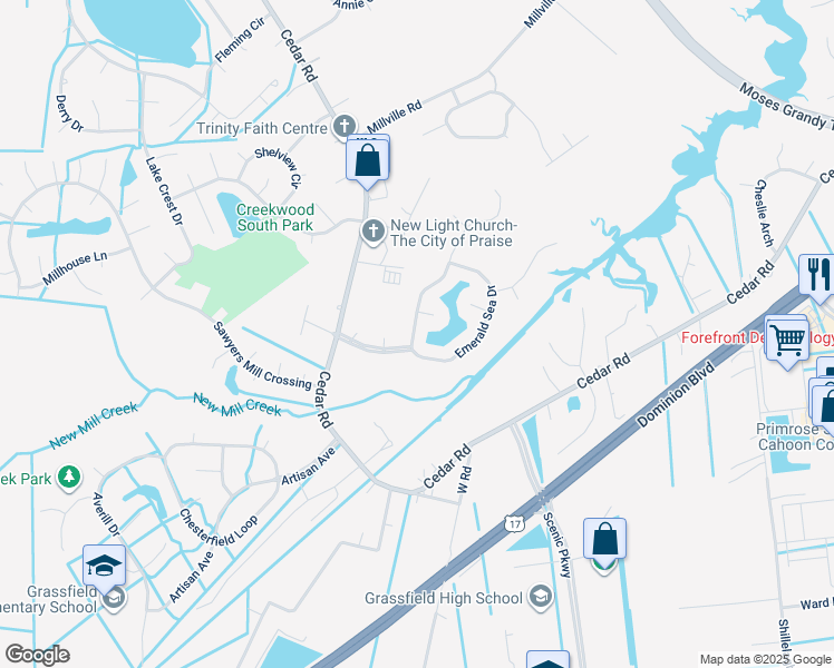 map of restaurants, bars, coffee shops, grocery stores, and more near 2005 Sunset Maple Ln in Chesapeake