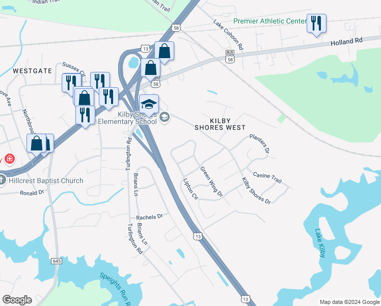 map of restaurants, bars, coffee shops, grocery stores, and more near 1401 Goose Creek Lane in Suffolk