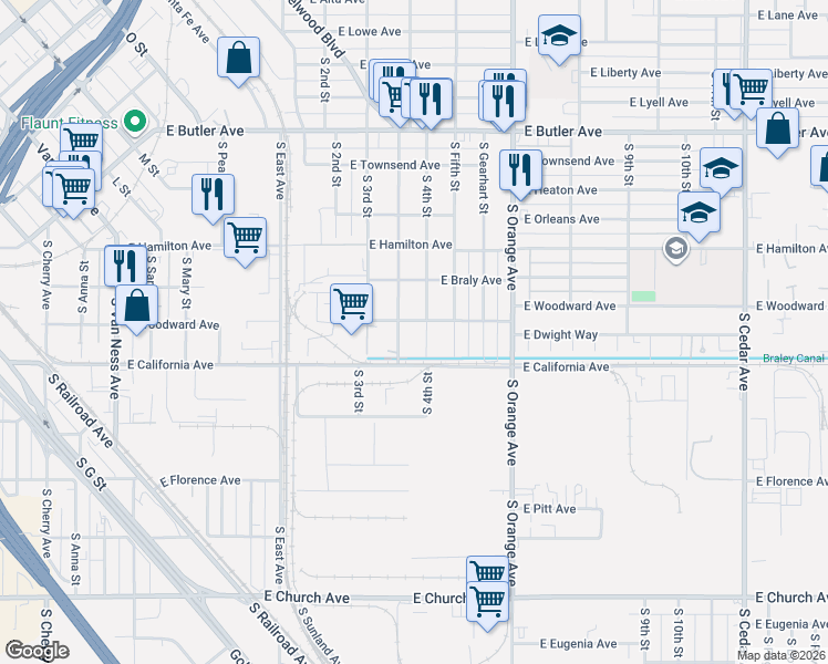 map of restaurants, bars, coffee shops, grocery stores, and more near 3393 East Woodward Avenue in Fresno