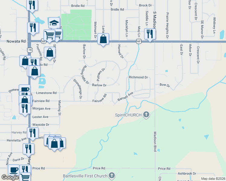 map of restaurants, bars, coffee shops, grocery stores, and more near 4817 Barlow Drive in Bartlesville