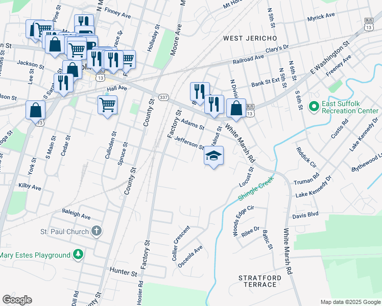 map of restaurants, bars, coffee shops, grocery stores, and more near 209 Maple Street in Suffolk