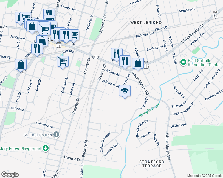 map of restaurants, bars, coffee shops, grocery stores, and more near 209 Maple Street in Suffolk
