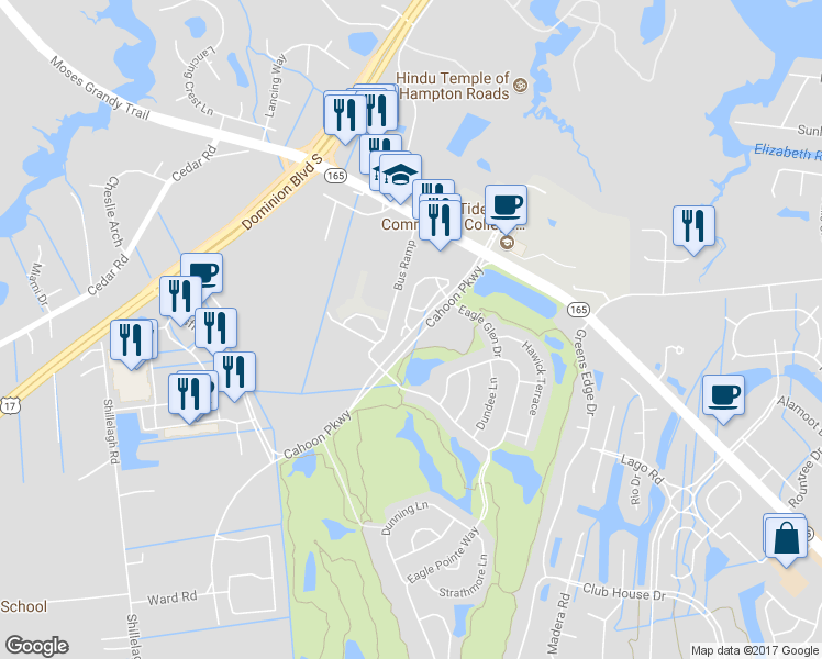 map of restaurants, bars, coffee shops, grocery stores, and more near 472 Abelia Way in Chesapeake