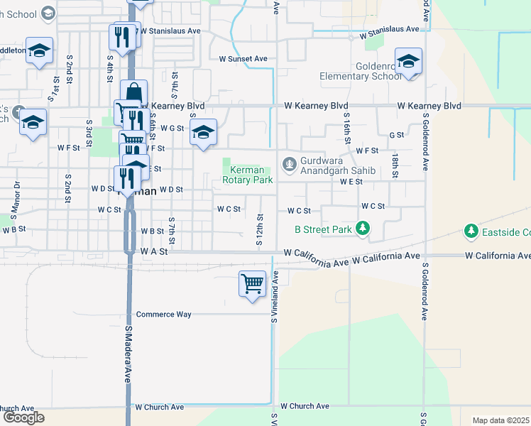 map of restaurants, bars, coffee shops, grocery stores, and more near 777 South 12th Street in Kerman