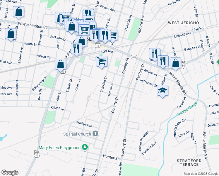 map of restaurants, bars, coffee shops, grocery stores, and more near 321 Spruce Street in Suffolk