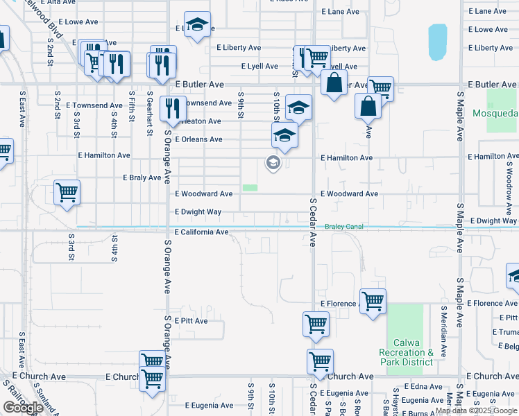 map of restaurants, bars, coffee shops, grocery stores, and more near 3938 East Woodward Avenue in Fresno