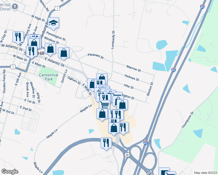 map of restaurants, bars, coffee shops, grocery stores, and more near 604 Northington Street in South Hill