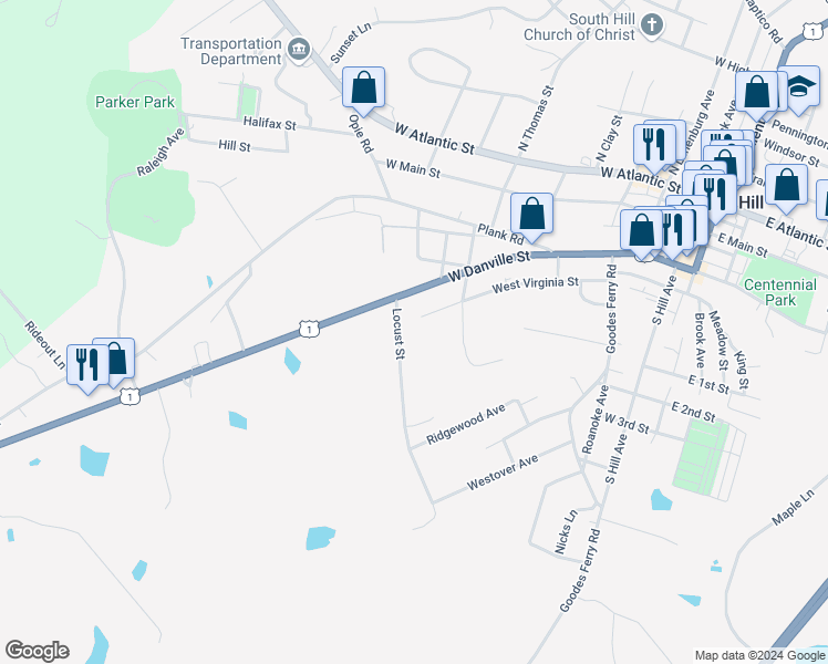 map of restaurants, bars, coffee shops, grocery stores, and more near 601 Locust Street in South Hill