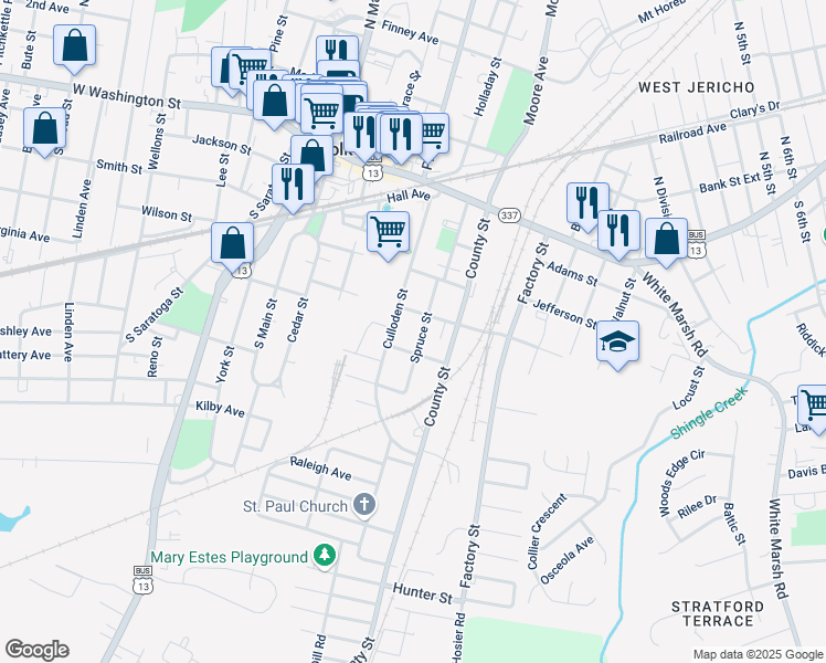 map of restaurants, bars, coffee shops, grocery stores, and more near 321 Spruce Street in Suffolk