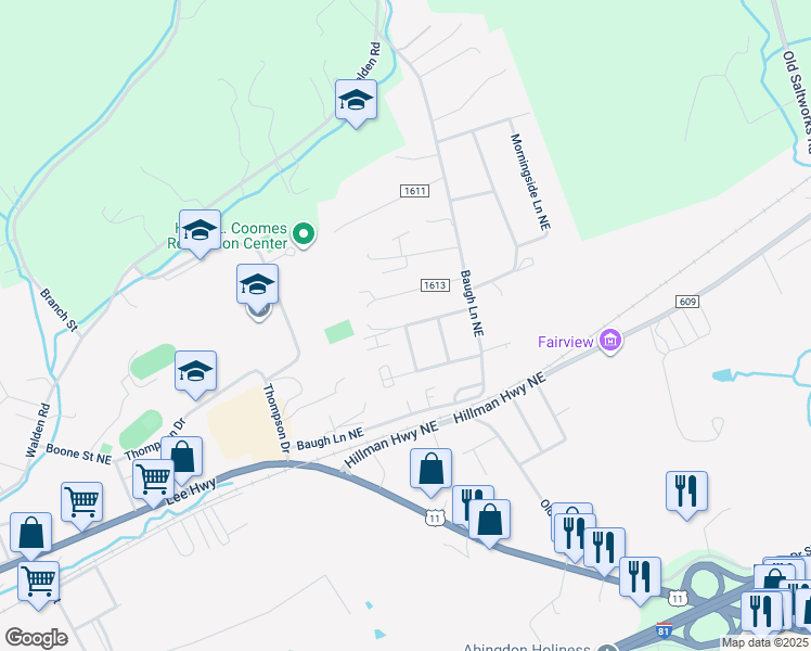map of restaurants, bars, coffee shops, grocery stores, and more near 851 Falcon Drive Northeast in Abingdon