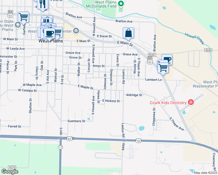 map of restaurants, bars, coffee shops, grocery stores, and more near 533-599 Simpson St in West Plains