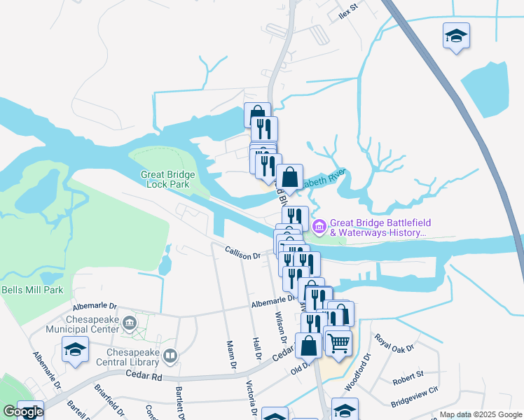 map of restaurants, bars, coffee shops, grocery stores, and more near 136 North Battlefield Boulevard in Chesapeake