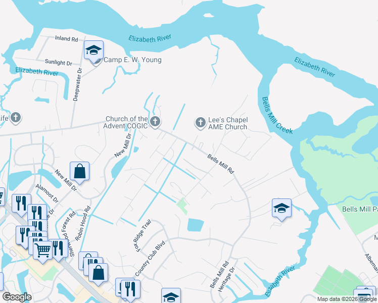 map of restaurants, bars, coffee shops, grocery stores, and more near 1041 Bells Mill Road in Chesapeake