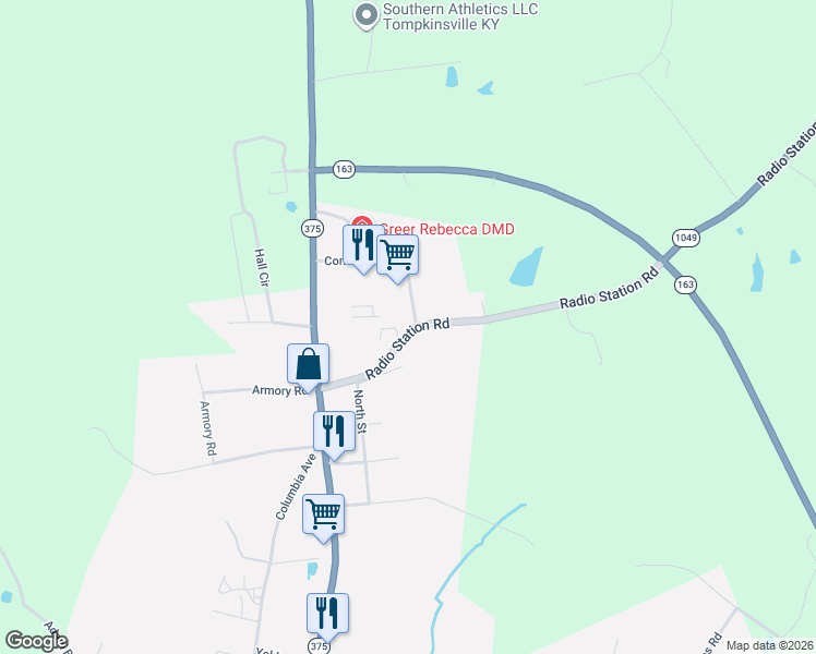 map of restaurants, bars, coffee shops, grocery stores, and more near 250 Radio Station Road in Tompkinsville