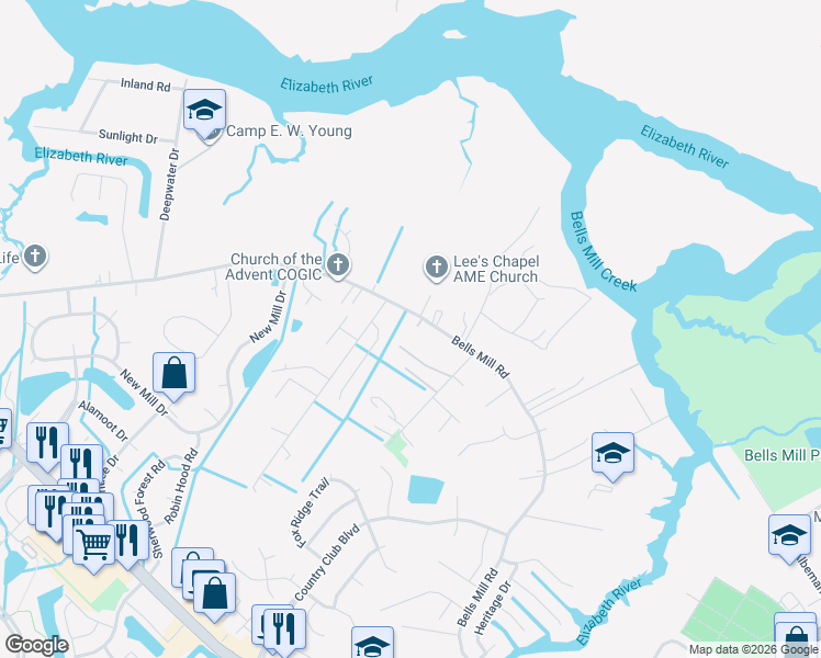 map of restaurants, bars, coffee shops, grocery stores, and more near 1041 Bells Mill Road in Chesapeake