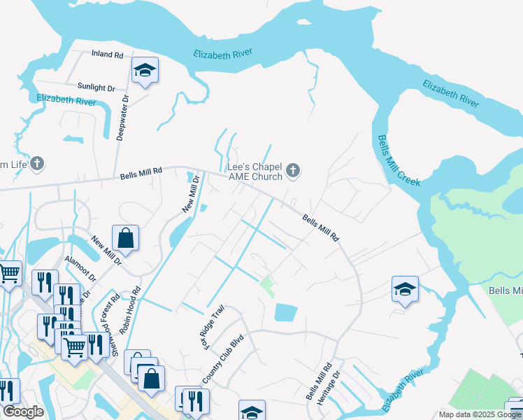 map of restaurants, bars, coffee shops, grocery stores, and more near 1005 Alexander Lane in Chesapeake