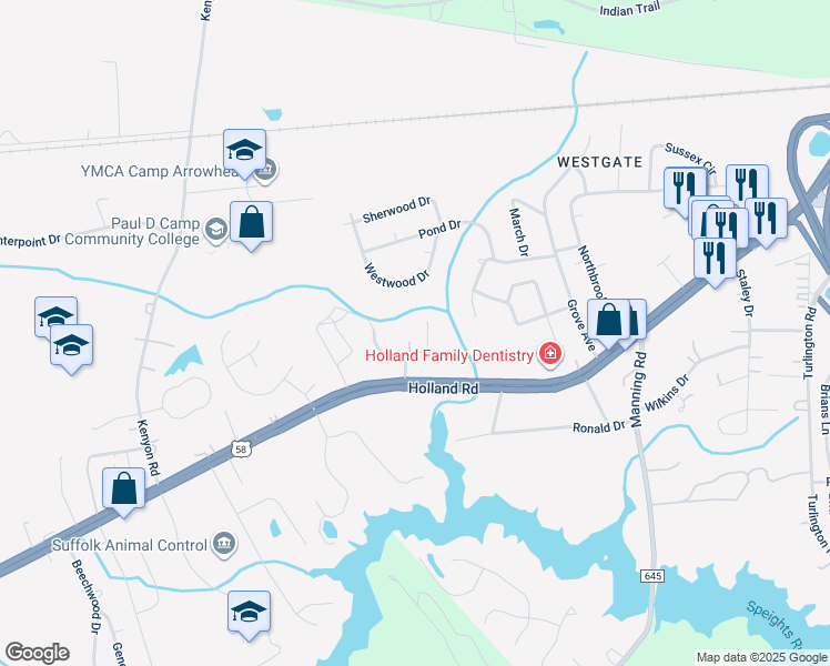 map of restaurants, bars, coffee shops, grocery stores, and more near 205 Sumner Avenue in Suffolk