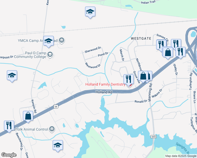 map of restaurants, bars, coffee shops, grocery stores, and more near 205 Sumner Avenue in Suffolk