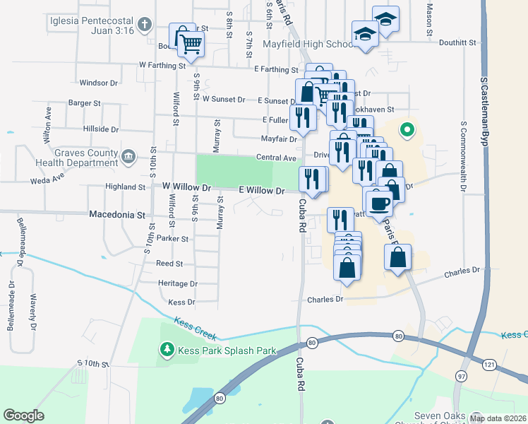 map of restaurants, bars, coffee shops, grocery stores, and more near 1453 Adams Circle in Mayfield