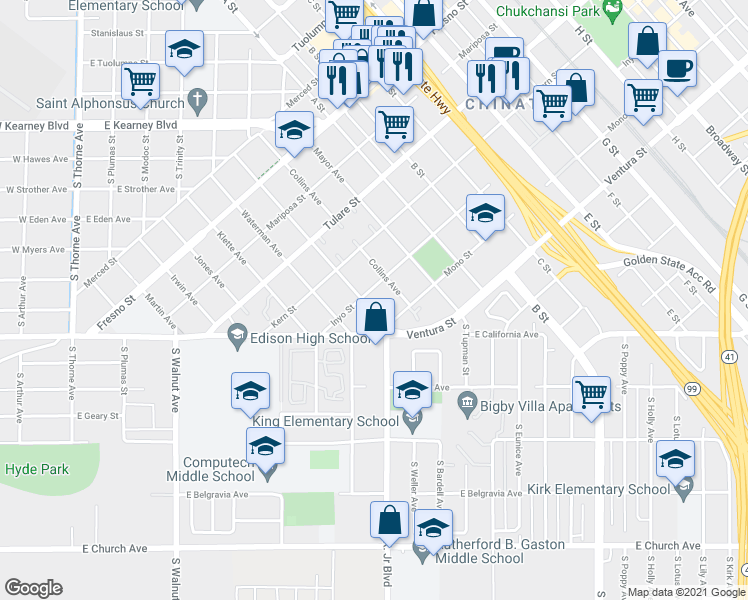 map of restaurants, bars, coffee shops, grocery stores, and more near 752 Pottle Avenue in Fresno