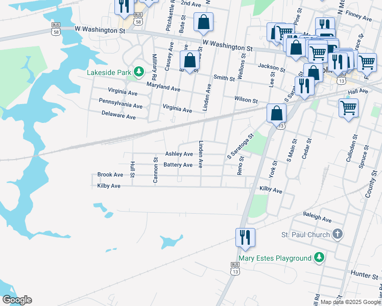 map of restaurants, bars, coffee shops, grocery stores, and more near 616 Ashley Avenue in Suffolk