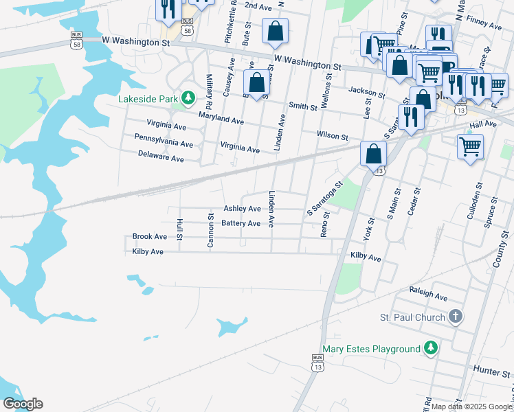 map of restaurants, bars, coffee shops, grocery stores, and more near 616 Ashley Avenue in Suffolk