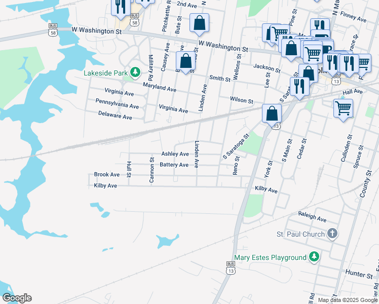 map of restaurants, bars, coffee shops, grocery stores, and more near 610 Ashley Avenue in Suffolk
