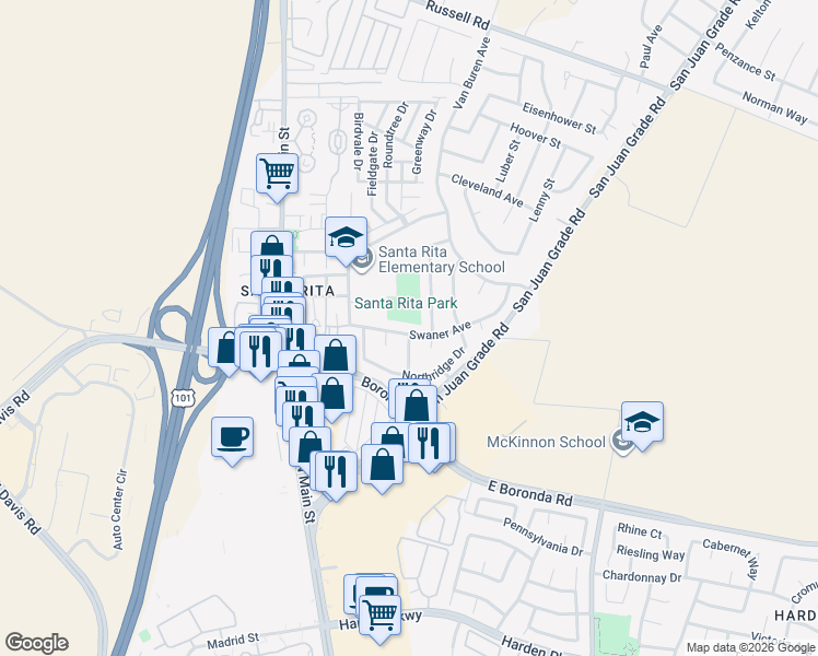 map of restaurants, bars, coffee shops, grocery stores, and more near 18505 Swaner Avenue in Salinas