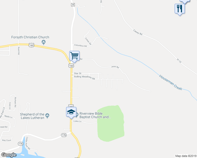 map of restaurants, bars, coffee shops, grocery stores, and more near Rolling Meadows Road in Forsyth