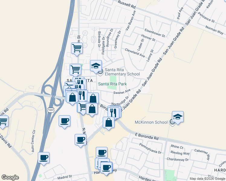 map of restaurants, bars, coffee shops, grocery stores, and more near 18505 Swaner Avenue in Salinas